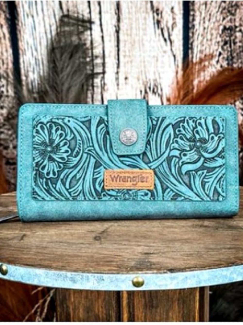 BRAND NEW WITH TAGS Wrangler Turquoise Floral Tooled RFID Wallet